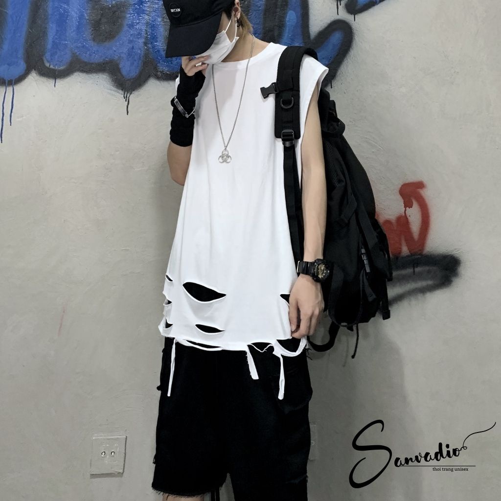 Áo ba lỗ nam SANVADIO Áo thun nam 3 lỗ TankTop rách gấu form rộng co giãn mùa hè AT44