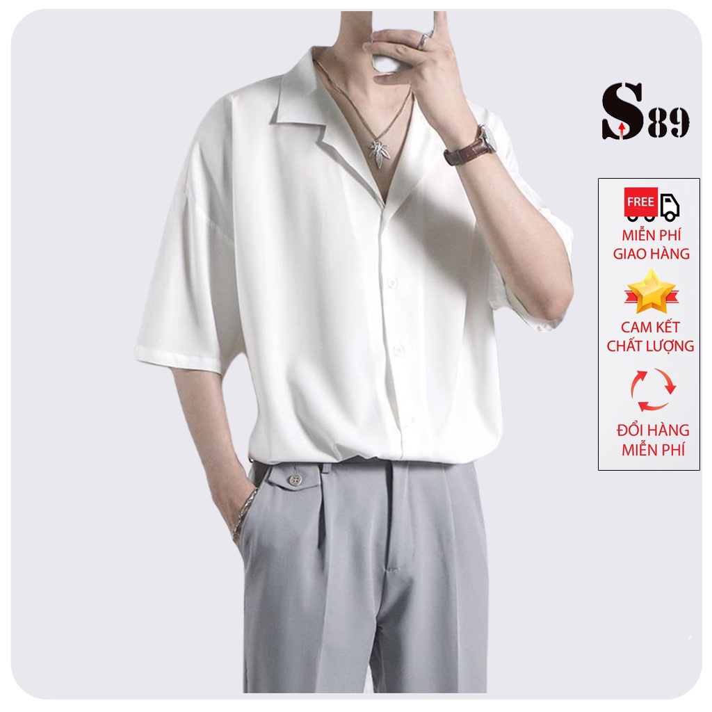 Áo sơ mi tay ngắn nam nữ Unisex Form rộng, áo sơ mi cộc tay cổ vest vải lụa cotton style ulzzang hàn quốc