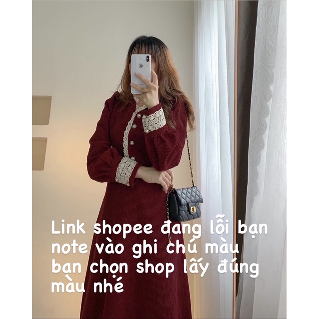 Đầm nhung tăm vintage phối ren cài cúc tay dài 452