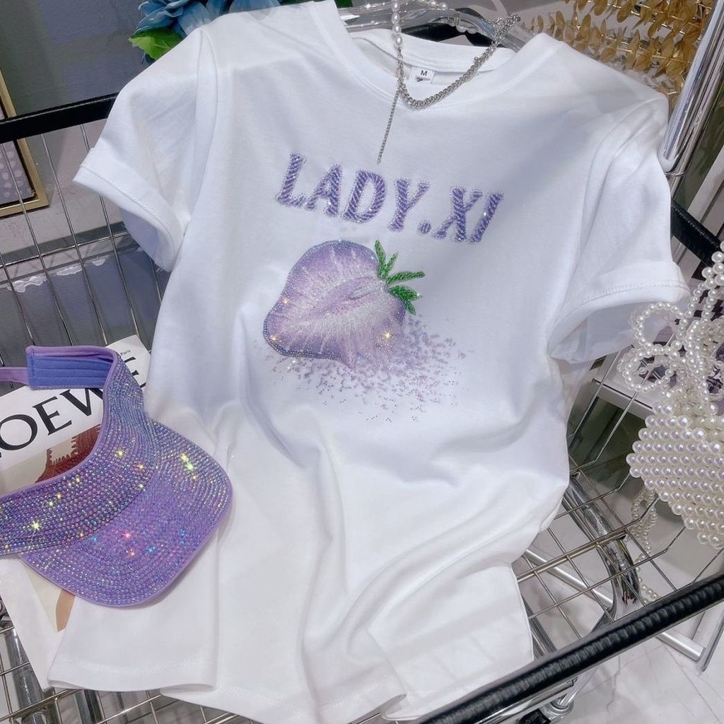 Áo Thun Cotton Nguyên Chất In Họa Tiết Dâu Tây Đính Đá