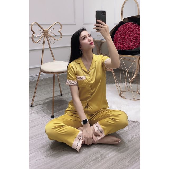 Đồ mặc nhà Pijama lụa tay cộc quần dài lụa satin loại 1