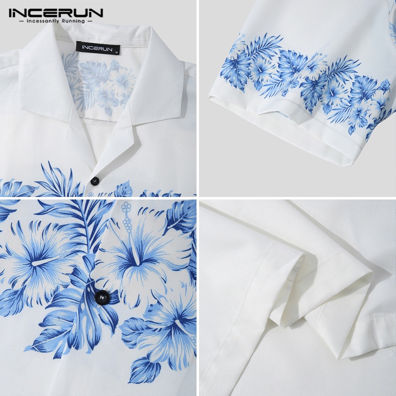 INCERUN Áo Sơ Mi Ngắn Tay Họa Tiết In Thời Trang Đi Biển Mùa Hè Cho Nam