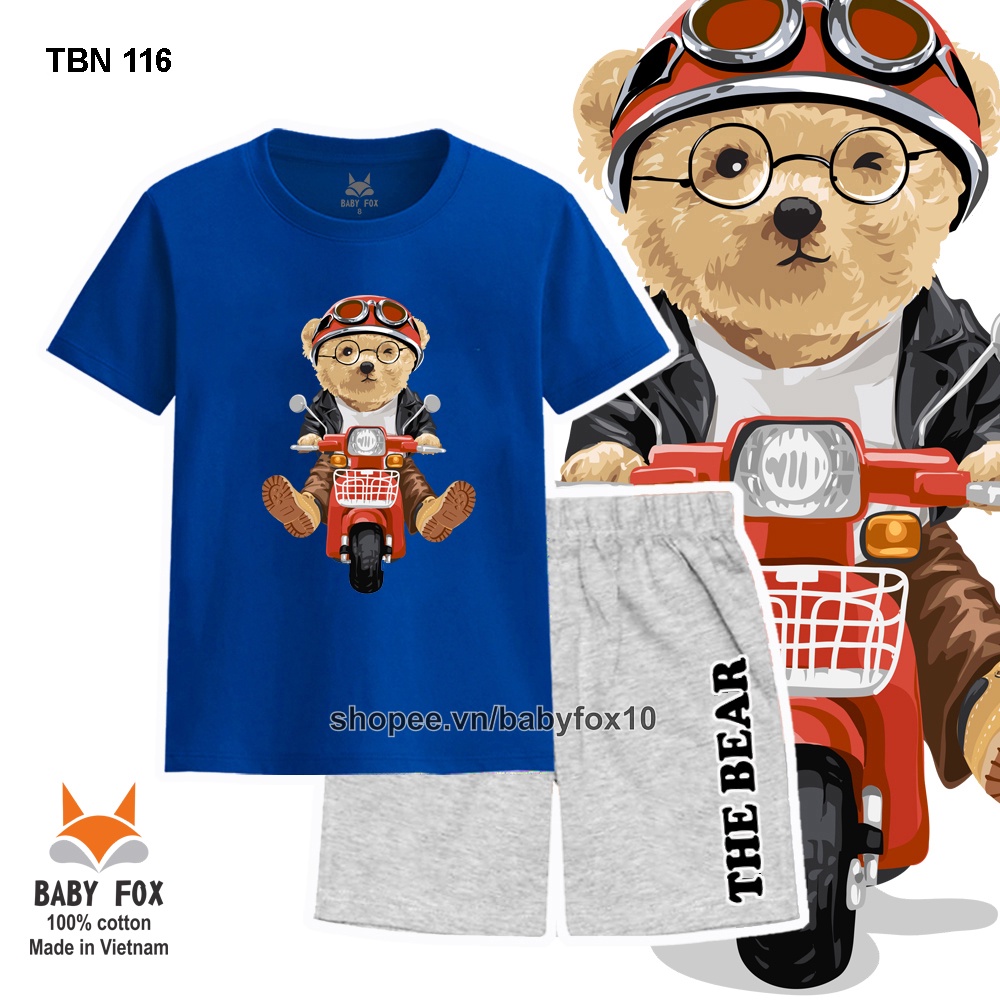 Bộ thun bé trai 100% cotton loại tốt, thương hiệu BABY FOX, in hình gấu, size nhỏ, trung, đại a