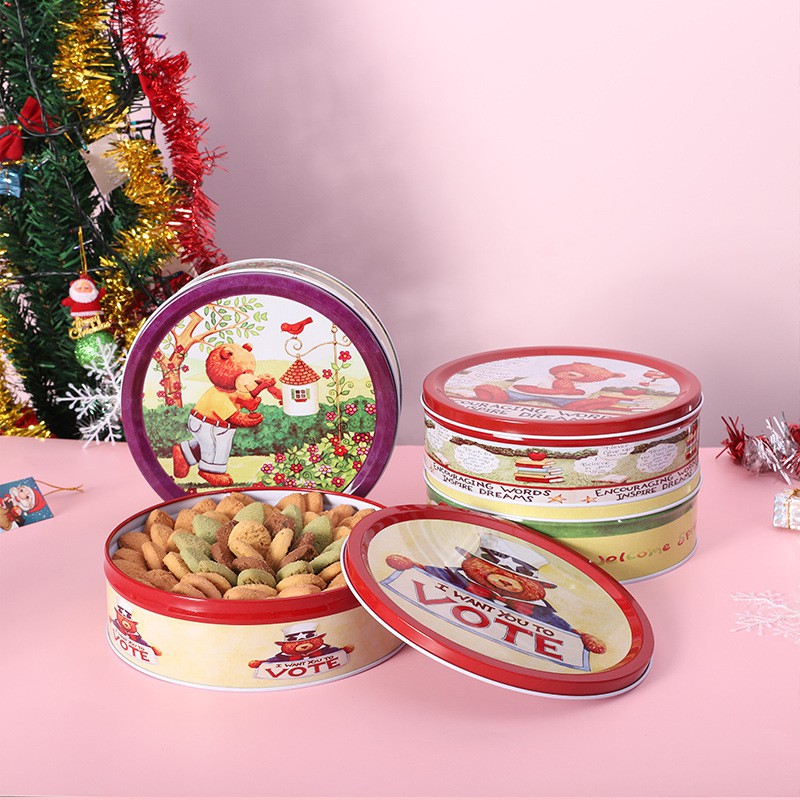 Hộp thiếc bánh quy ⚡ CAO CẤP ⚡ hộp thiếc đựng bánh hình tròn Gấu tím 20cm