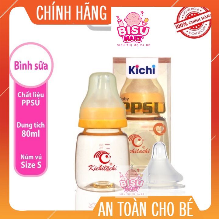 Bình sữa cổ hẹp nhựa PPSU Kichilachi cảm biến nhiệt cao cấp 80ml