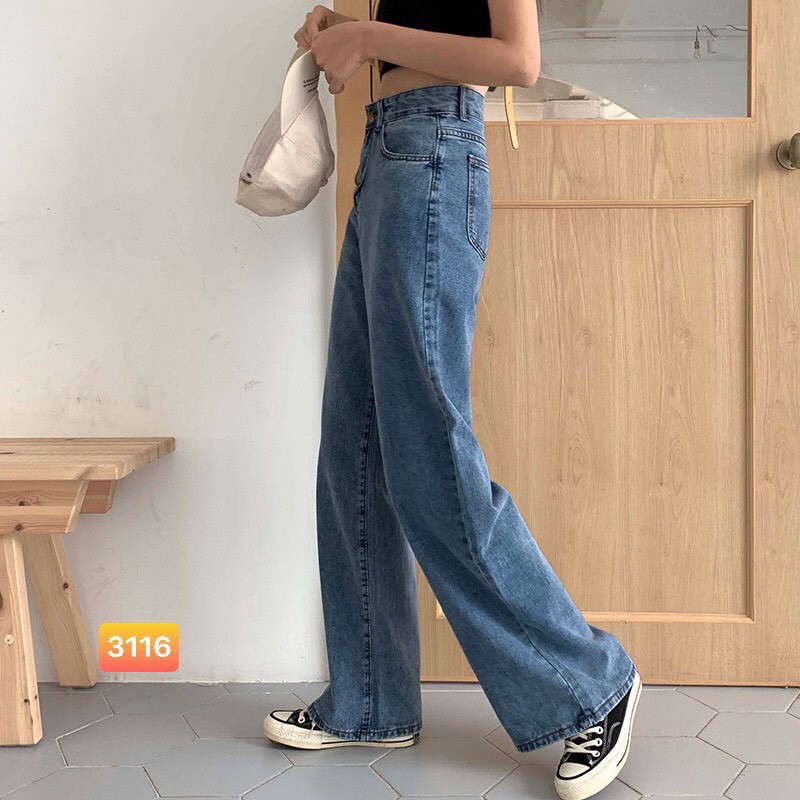 Quần jean dài ống rộng 1 màu xanh siêu hot tôn dáng