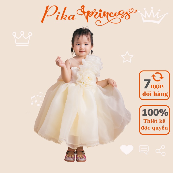 Váy công chúa, đầm bé gái đầm công chúa cho bé thiết kế hoa hồng màu vàng trên ngực trái cho bé 1-10