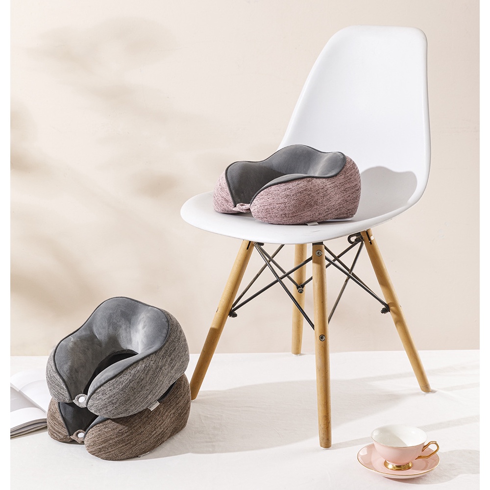Gối Tựa Cổ Chữ U Cao Su Non Vải Cotton Len Viền Nổi Sang Trọng Cho Ghế Văn Phòng, Ô Tô, Máy Bay, Du Lịch, Tàu Xe GCU06
