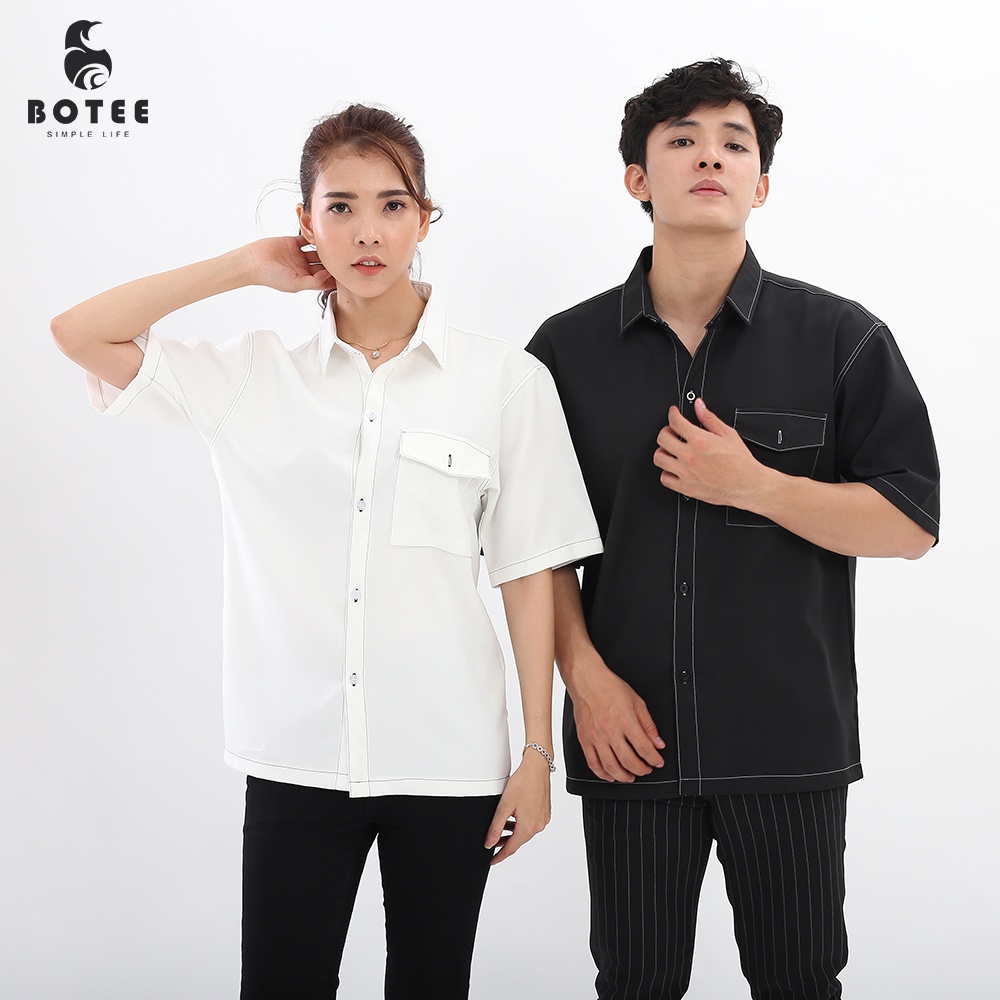 [Mã BMLT35 giảm đến 35K đơn 99K] Áo sơ mi tay ngắn Viền chỉ trắng đen BOTEE form rộng unisex nam nữ, Fullbox