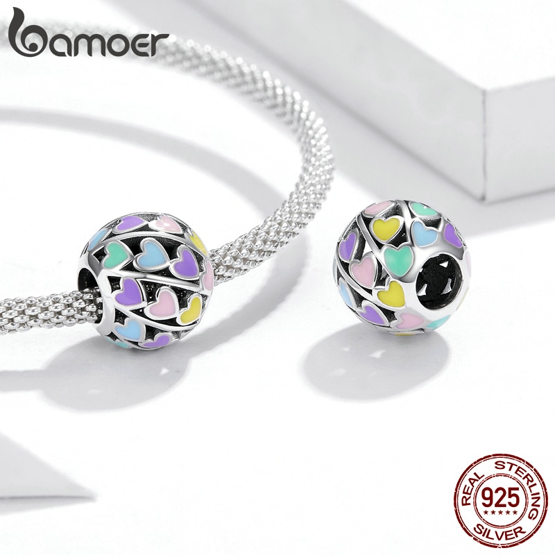 Hạt Trang Sức Bamoer SCC1758 Bằng Bạc S925 Hình Cầu Họa Tiết Nhiều Trái Tim Màu Sắc Cầu Vồng Dùng Làm Vòng Đeo Tay DIY