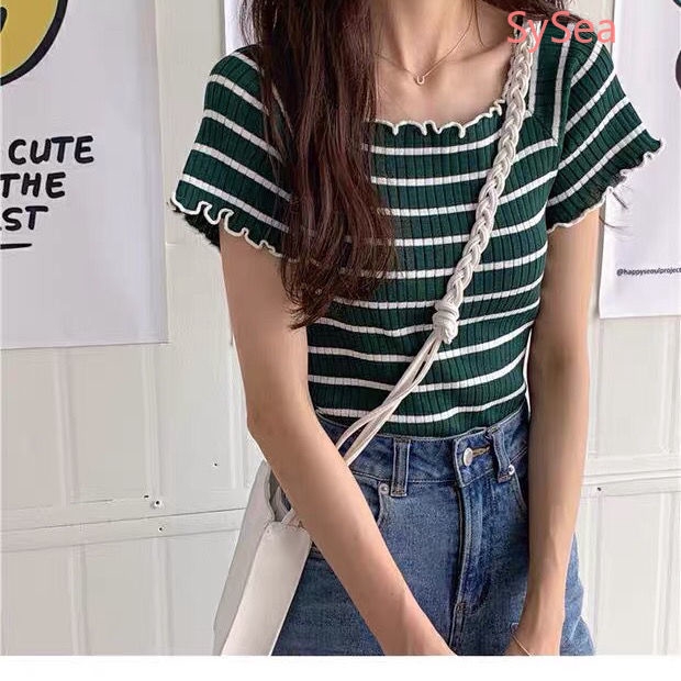 Áo Dệt Kim Trễ Vai Tay Ngắn Hoạ Tiết Kẻ Sọc Cho Phái Nữ