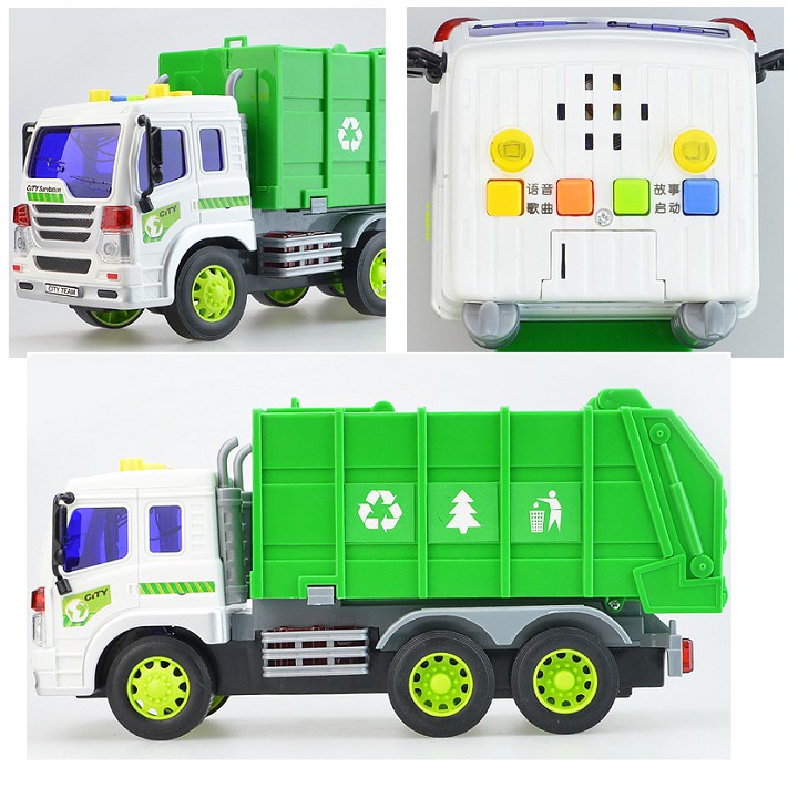 Ô tô chở rác màu xanh cỡ trung đồ chơi trẻ em xe chạy đà có âm thanh và đèn