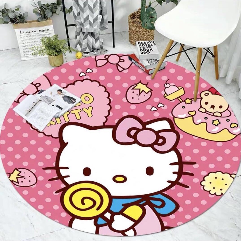 Thảm Lót Sàn Hình Tròn Chống Trượt Hình Hello Kitty