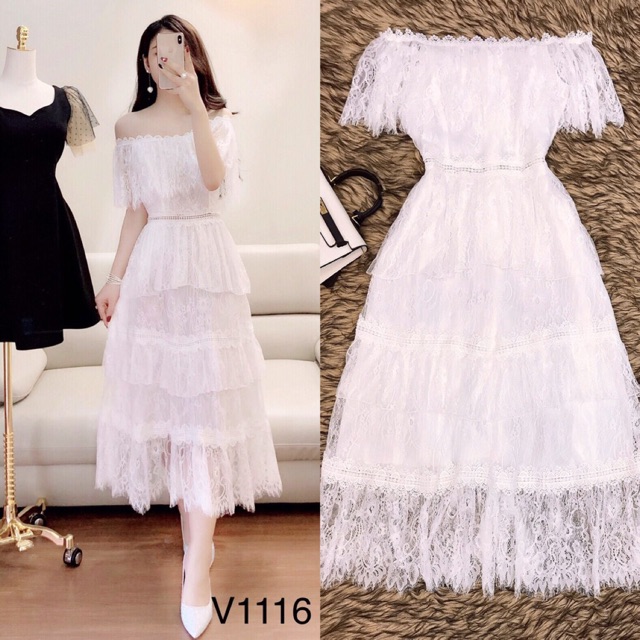 Váy ren trắng trễ vai 3 tầng V1116 - Đẹp Shop DVC (Kèm ảnh thật trải sàn do shop tự chụp)