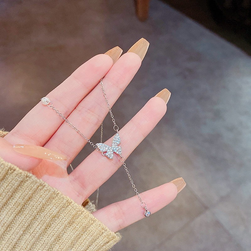 Vòng cổ bạc 17KM mặt hình bướm đính đá và ngọc trai nhân tạo thời trang