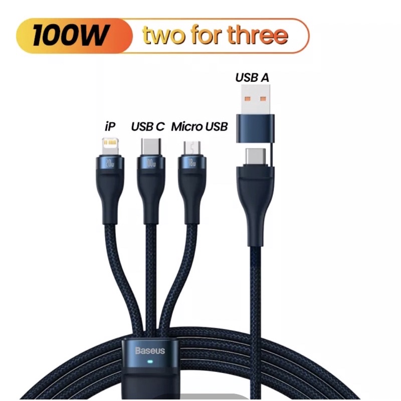 Cáp Sạc Nhanh 100w Baseus 3 trong 1.Cổng Type-C + đầu chuyển USB-A ra type-c,LN,micro siêu bền,Có led báo sạc