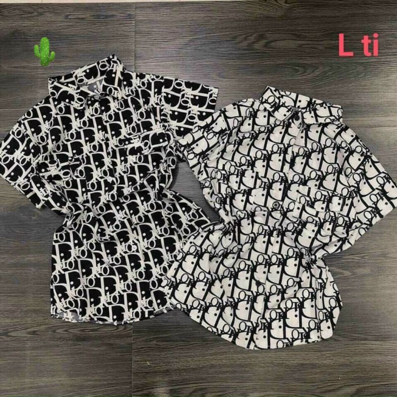 Áo sơ mi nữ tay ngắn họa tiết Dior, chất vải kate lụa mềm mát cho nàng cân nặng dưới 52kg