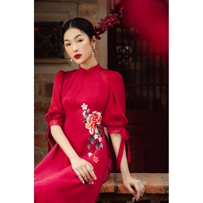 Áo dài nhung cổ tàu phối tay bồng gắn nơ thêu hoa dây ( không kèm quần)   TIINSTORE   ACT129
