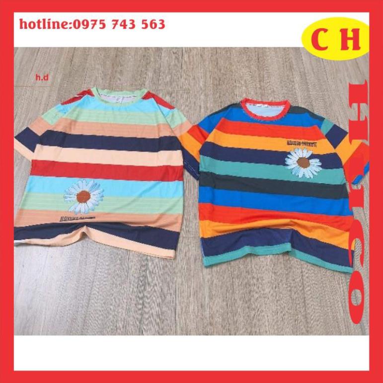 áo phông hè, áo thun kẻ ngang hoa cúc tay lỡ chất cotton mềm mát thời trang nam nữ form thụng unisex freesize cổ tròn *