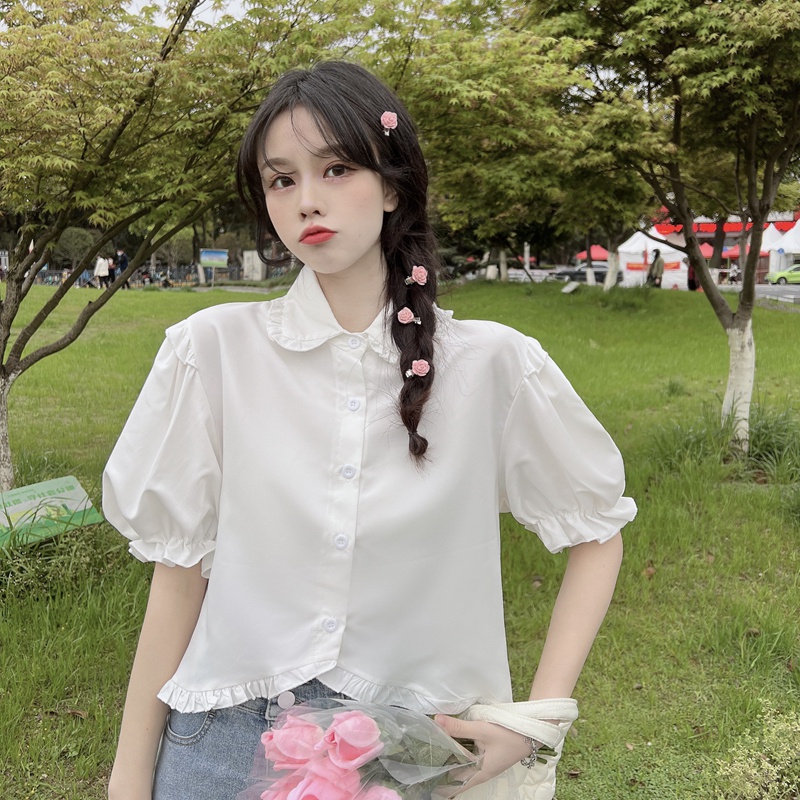 SUXI Áo Sơ Mi Tay Ngắn Cổ Búp Bê Màu Sắc Đơn Giản Thời Trang Mùa Hè Xinh Xắn Cho Nữ