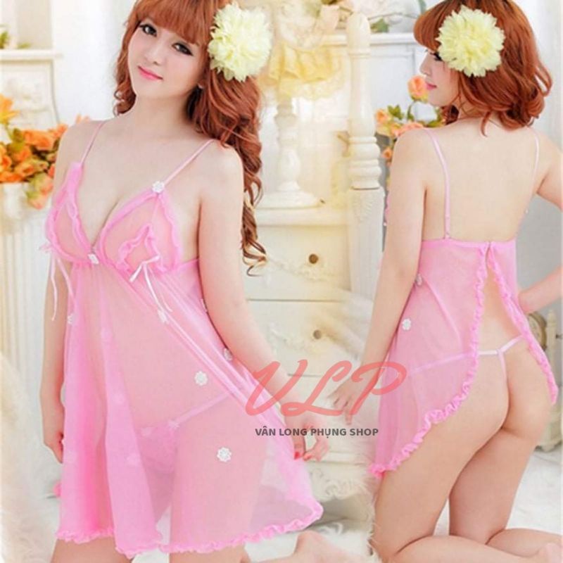 [SÓT KHO XẢ HÀNG]_DN102_Váy ngủ Ren lưới đính hoa hở mông sexy
