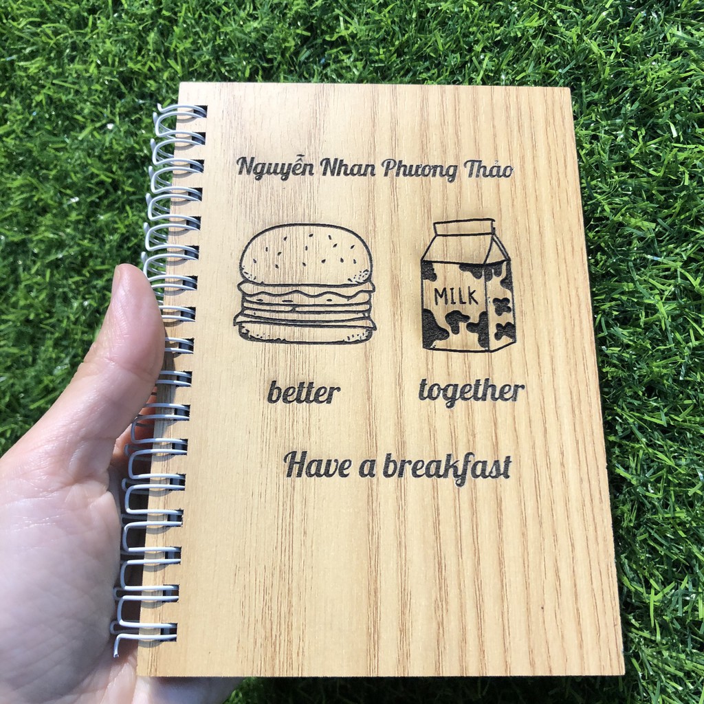 Sổ bìa gỗ khắc hình dễ thương - Sổ tay handmade bìa gỗ cứng - Thiết kế và khắc tên theo yêu cầu