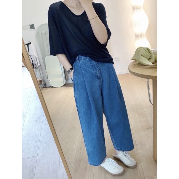 Quần jean baggy lửng xếp ly vải mềm