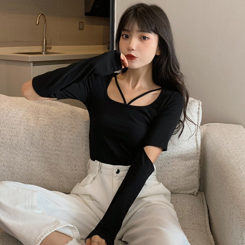 Áo Lửng Tay Dài Cổ Tròn Thời Trang Quyến Rũ Cho Nữ