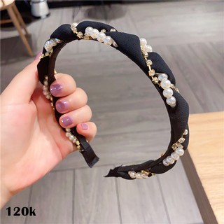 Bờm lụa đính đá xoắn hàn quốc cao cấp. chất lụa mềm. màu trắng đen - kẹp tóc nơ, phụ kiện tóc, bờm