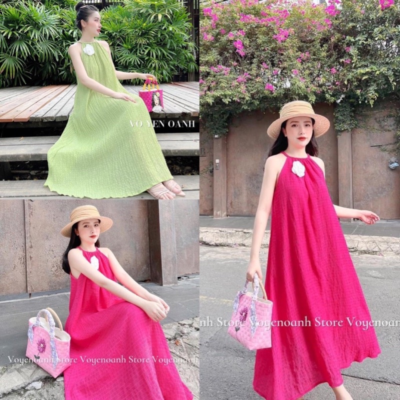 Maxi cổ yếm xanh bơ hồng mẹ con kèm hoa trà váy hồng chất xốp nhăn mềm mát vô cùng