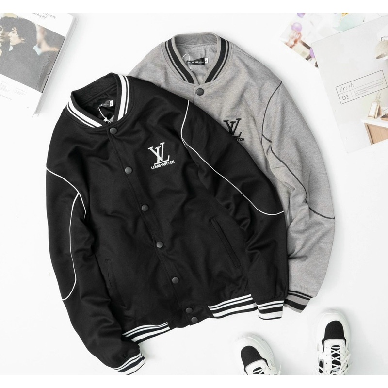Áo khoác bomber chất liệu umi có hoạ tiết logo lv, Áo khoác thu đông phong cách hàn quốc btshop từ 45 đến 75 kg