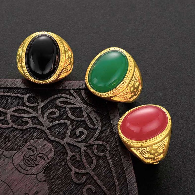 Nhẫn Titan Mạ Vàng 18k Khảm Đá Ruby / Lục Bảo / Đá Đen Với 3 Màu Sang Trọng Sành Điệu