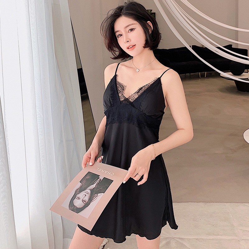 Đầm Ngủ Lụa Satin Cao Cấp Mặc Nhà Có Mút Ngực Đủ Size Dưới 65Kg Ren 18cm AD-04