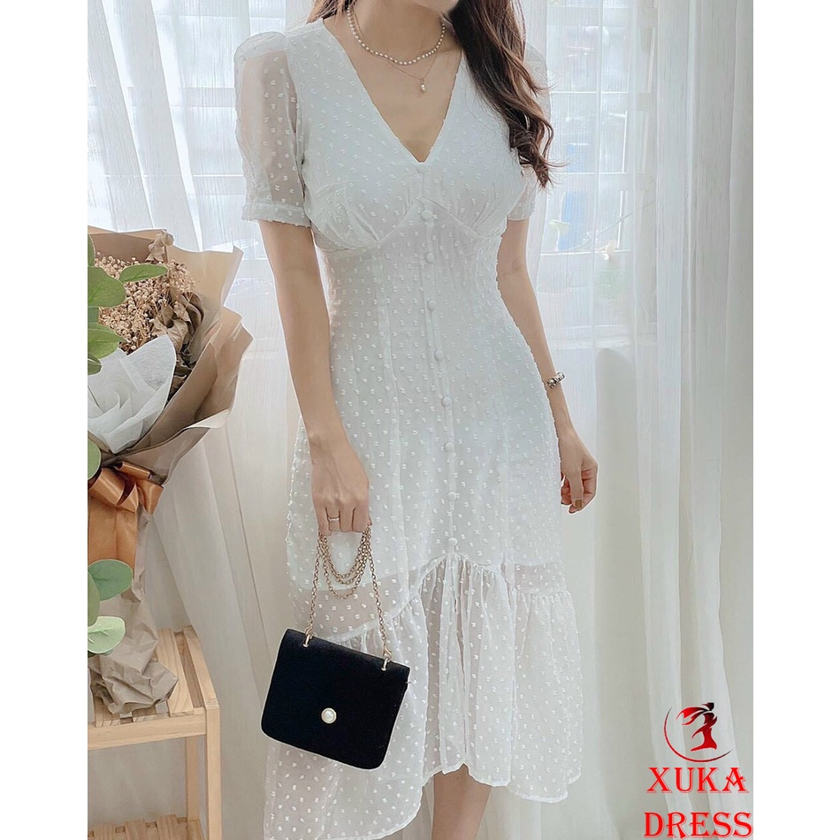 Váy đầm trắng đuôi cá xẻ tà phối nút bọc 2 lớp dày dặn dáng xuông xinh đẹp XUKA DRESS DT012