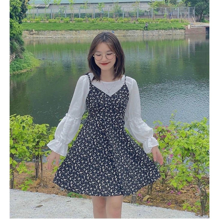 ❤️SET áo voan trắng + yếm hoa nhí đen tiểu thư MeiHome🥰
