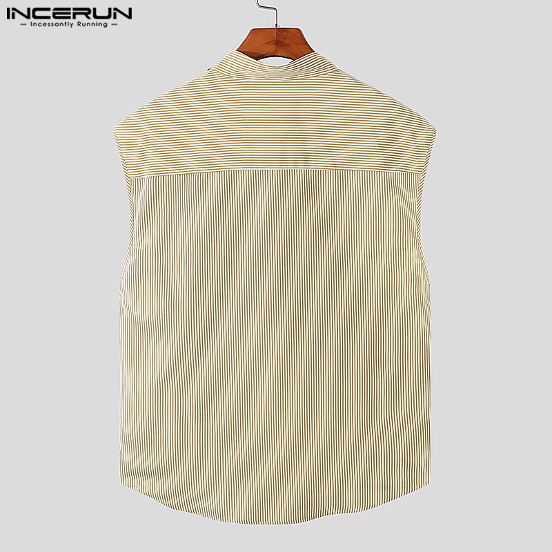 INCERUN Áo Sơ Mi Không Tay Họa Tiết Kẻ Sọc Thời Trang Mùa Hè Cho Nam