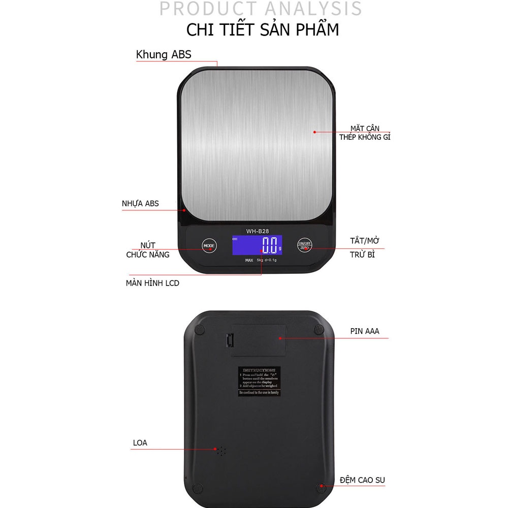 Cân tiểu ly điện tử chịu nước, có sạc lại WH-B28 nhà bếp định lượng 10kg 5kg 3kg, chính xác cao