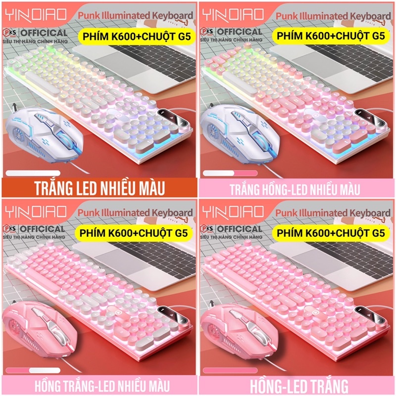 BÀN PHÍM K600 VÀ CHUỘT G5-G15 YINOIAO GAMING CÓ DÂY LED XUYÊN CHỮ DÙNG CHO MÁY TÍNH LAPTOP Nhiều Màu Hồng Trắng Xanh Tím