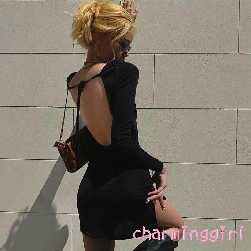 QAQ-Women´s backless solid color long sleeve round neck strap sexy dress | BigBuy360 - bigbuy360.vn