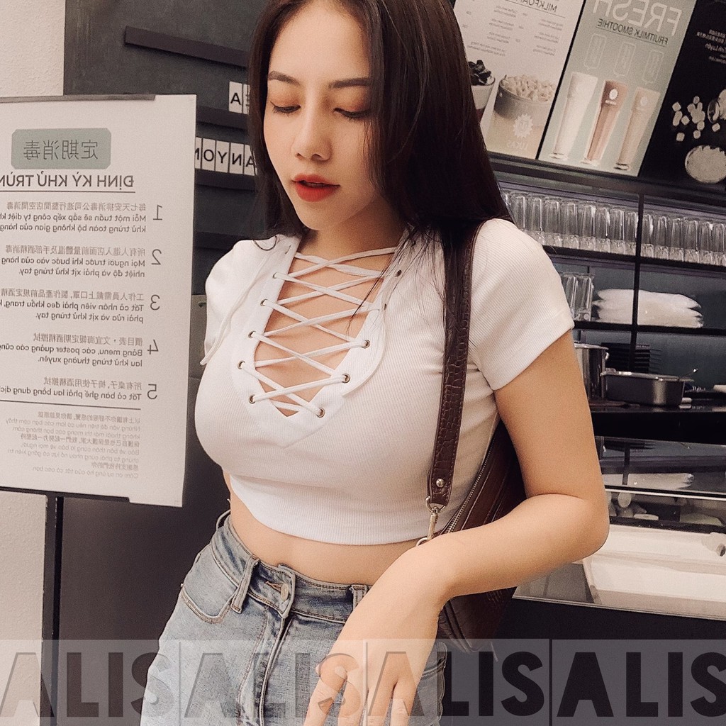 Áo phông ôm nữ croptop tay ngắn đan cổ thun gân tuyệt đẹp
