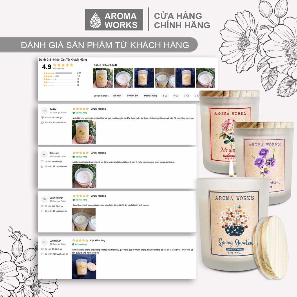 Nến thơm phòng Aroma Works tinh dầu thiên nhiên không khói 170g