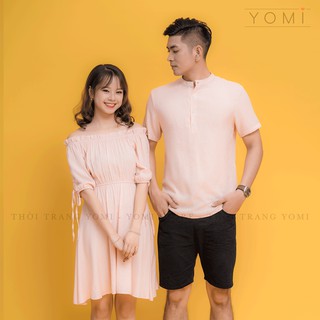 Set váy áo đôi trễ vai màu hồng cực xinh, đồ đôi thiết kế cho các cặp đôi yêu nhau, đồ đôi dành cho vợ chồng, gia đình