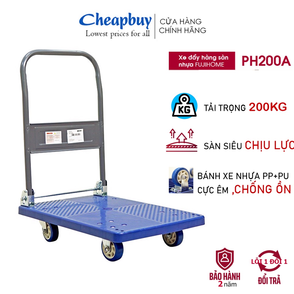 Xe đẩy kéo hàng 4 bánh gấp gọn chở 150kg sàn nhựa FUJIHOME PH200A hàng nhập khẩu giá rẻ,bánh xe chống ồn, Bảo hành 1 năm