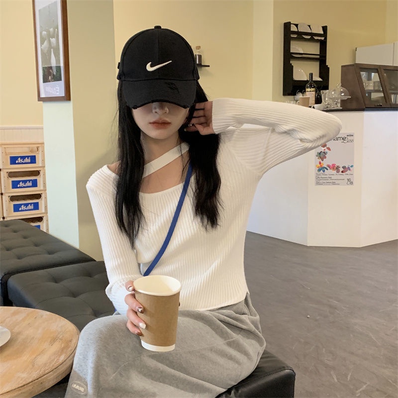 COZOK Áo sweater Dệt Kim Tay Dài Trễ Vai Thiết Kế Lệch Tà Cá Tính Dễ Phối Đồ