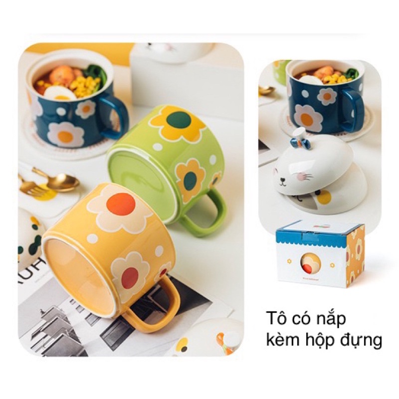 Tô sứ có nắp ngộ nghĩnh, bát ăn mì có quai, chén sứ cỡ lớn đựng canh, súp, mì siêu tiện lợi
