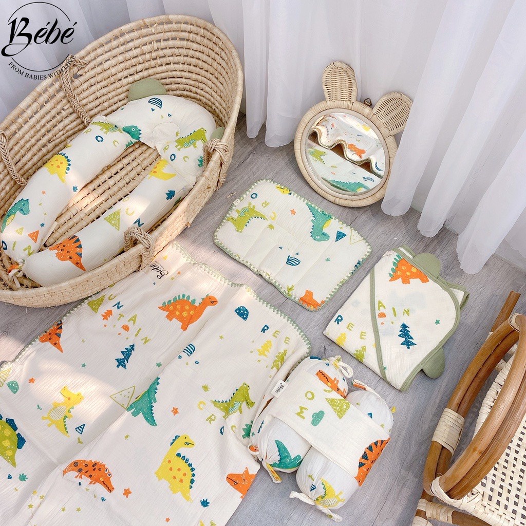 Bé Bé - Bộ Chăn, Gối Đầu, Gối Chặn, Gối Ôm, Ủ Choàng Họa Tiết Khủng Long Cho Bé