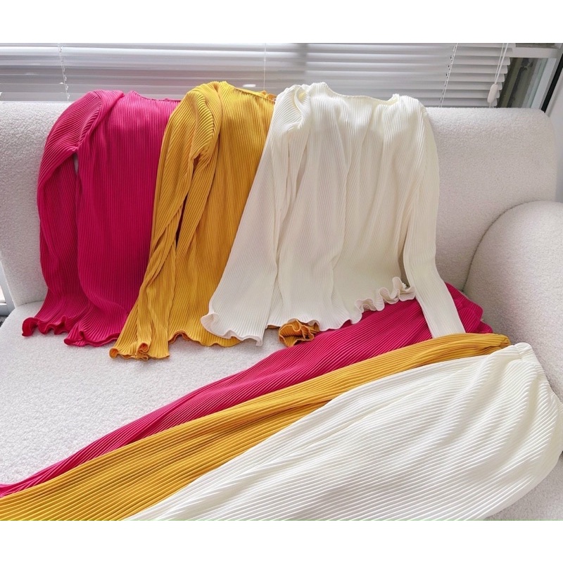 Set dập/xếp ly áo quần suông tay dài trắng vàng hồng cánh sen, bộ thời trang hot dạo phố đi chơi/biển du lịch sang trọng