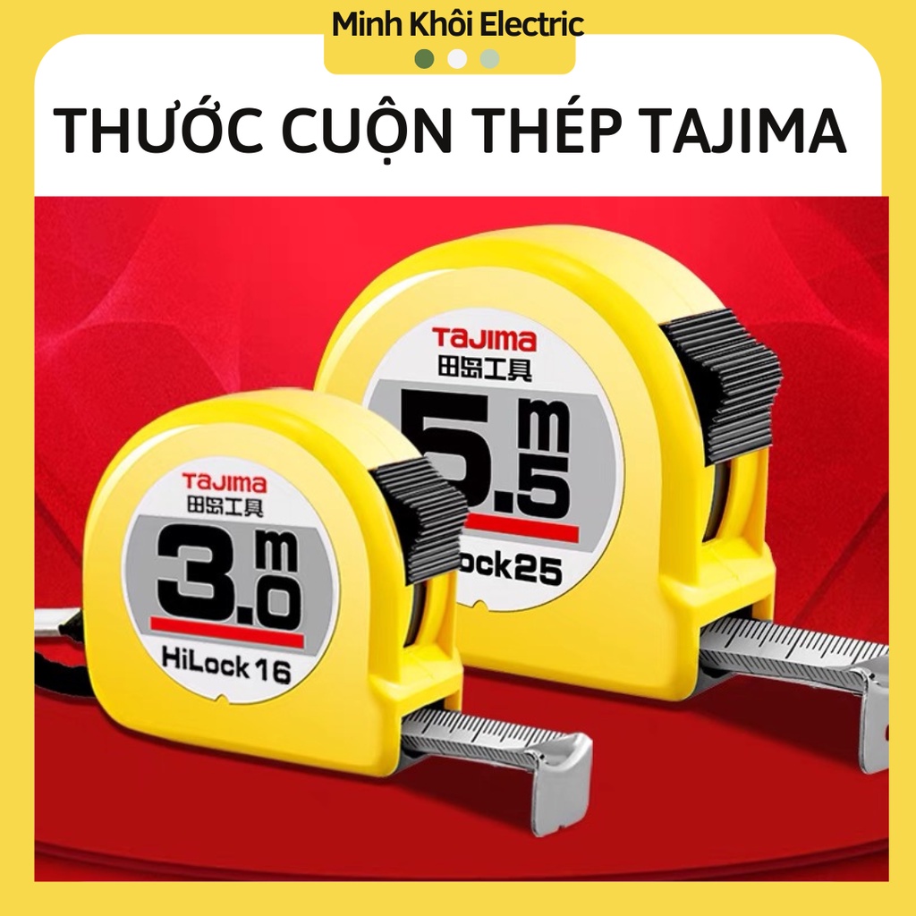 Thước Cuộn Thép Tajima Bản Rộng dài 5 mét, thước dây cuộn màu vàng tự động dừng