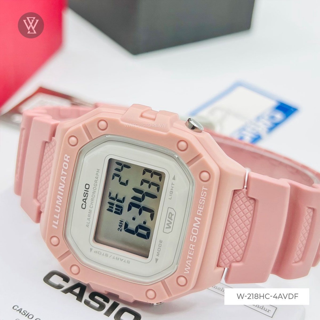 Đồng Hồ Điện Tử Unisex Casio WATCHSTORE W-218HC-4AVDF Thiết Kế Mặt Vuông 44mm, Dây Đeo Màu Hồng, Cá Tính