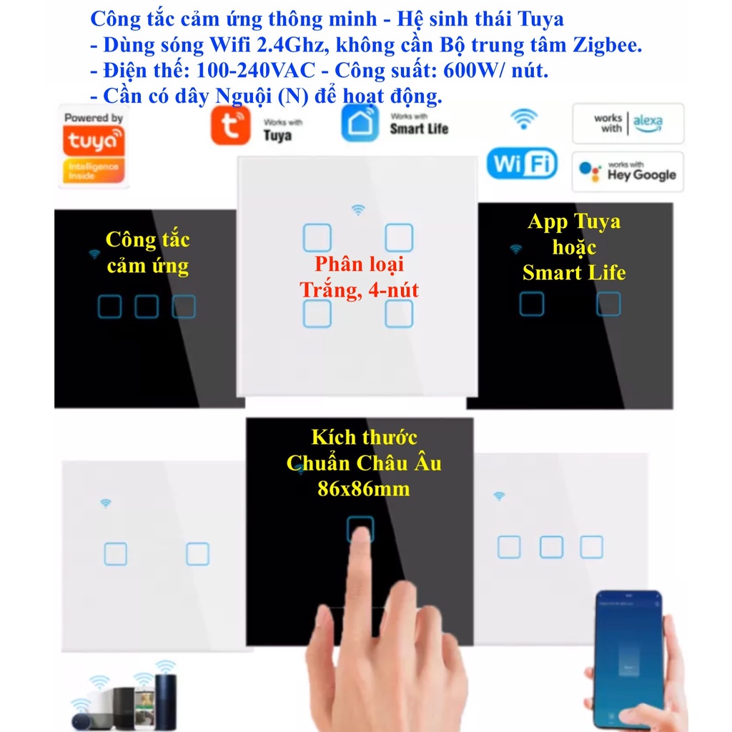 Công tắc thông minh Wifi, chuẩn Châu Âu 86x86 mm, hệ sinh thái Tuya / Smart Life -